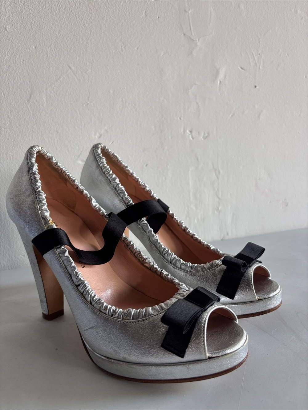 Marc Jacobs Silver Peep-Toe Heels with Black Bow Accent
